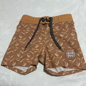 Of One Sea Brown Leaf Pattern Kids Swim Trunks